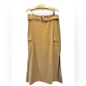 Tracy Evans Vintage Tan Maxi Cargo Skirt Double Side Slits Wide Belt Size 11 Y2k